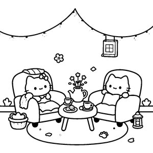 Hello Kitty Tea Party - Printable Coloring Page