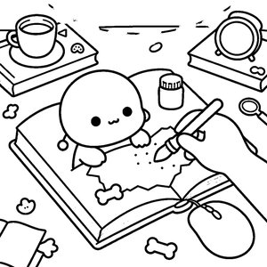 Kawaii Character at a Desk - Printable Coloring Page