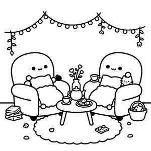 Cozy Tea Time Friends - Printable Coloring Page