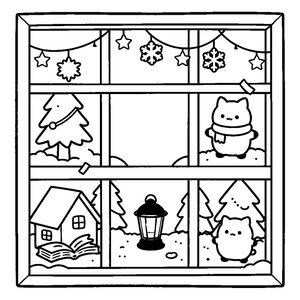 Winter Window Scene with Cats - Printable Coloring Page