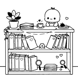 Cozy Bookshelf Scene - Printable Coloring Page